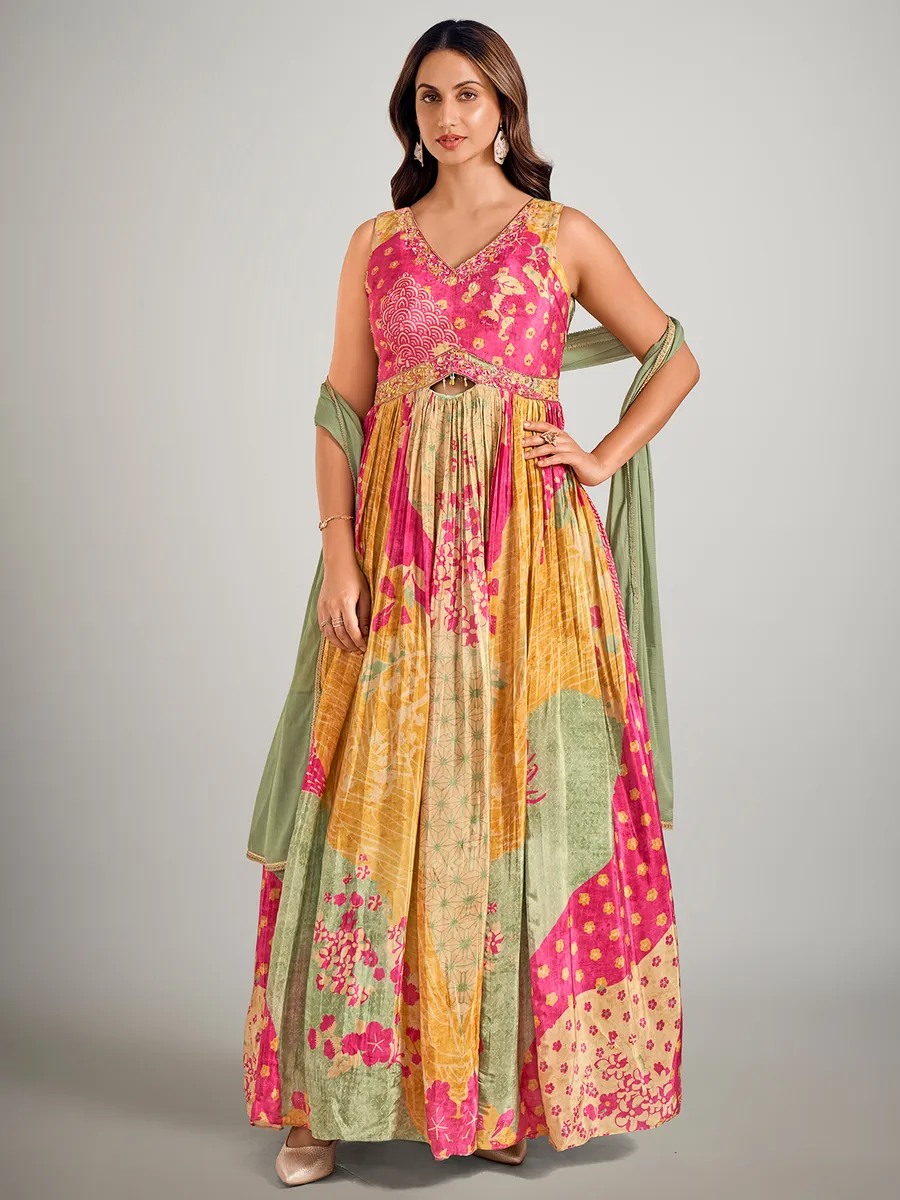 Beige and rani color silk designer suit