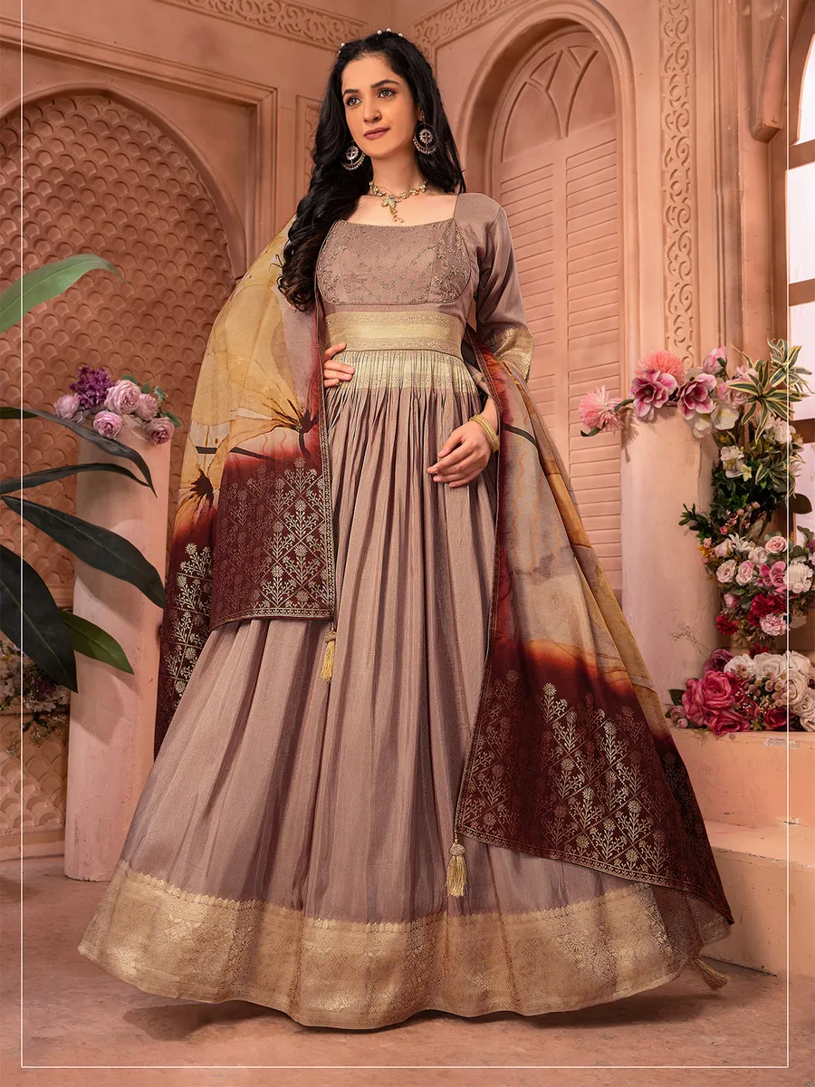 Beige banarasi silk anarkali floor length suit