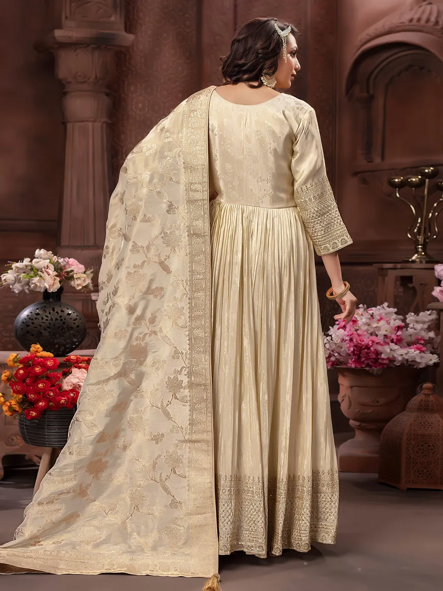 Beige banarasi silk anarkali suit