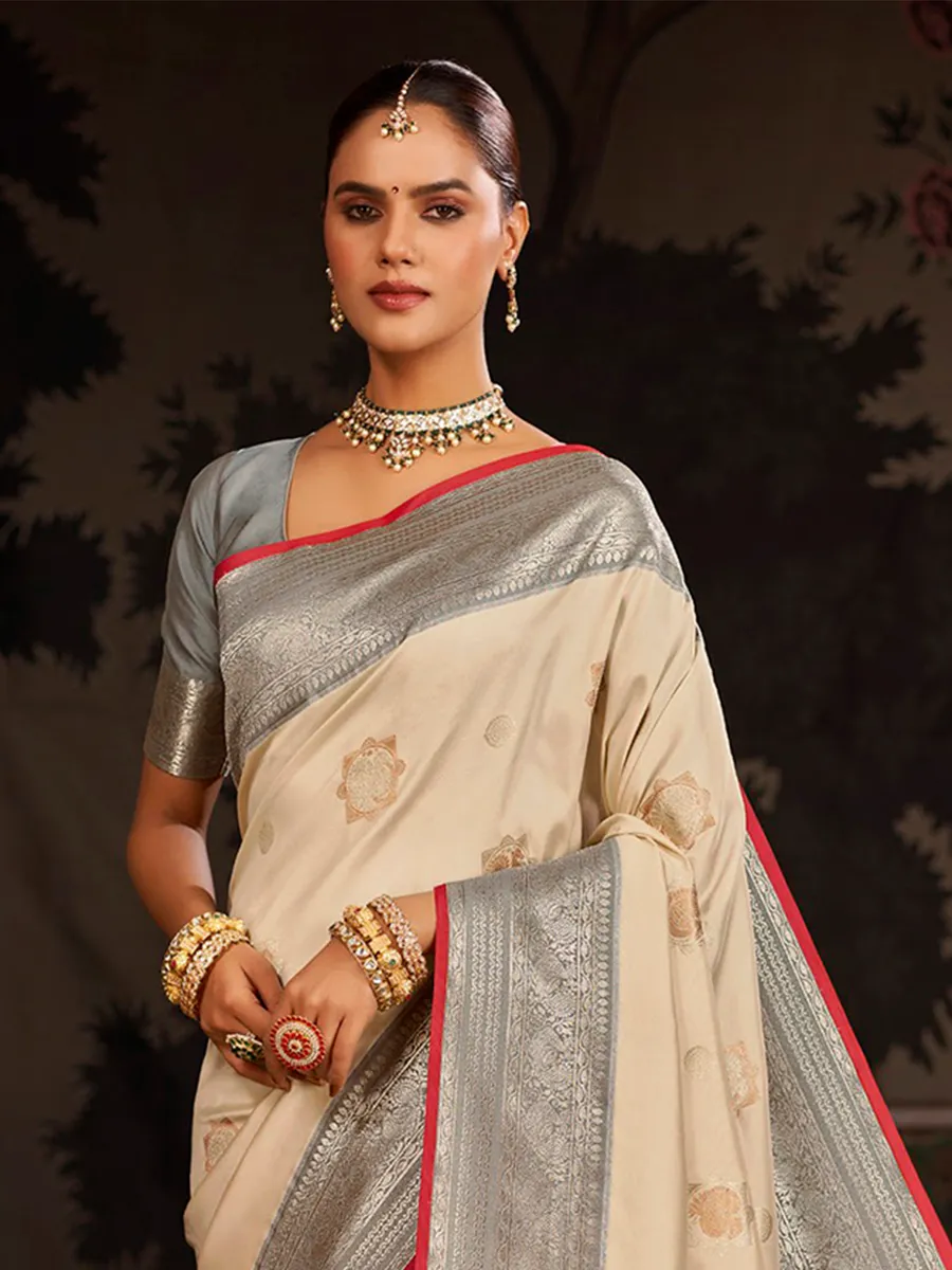 Beige banarasi silk saree with zari weaving