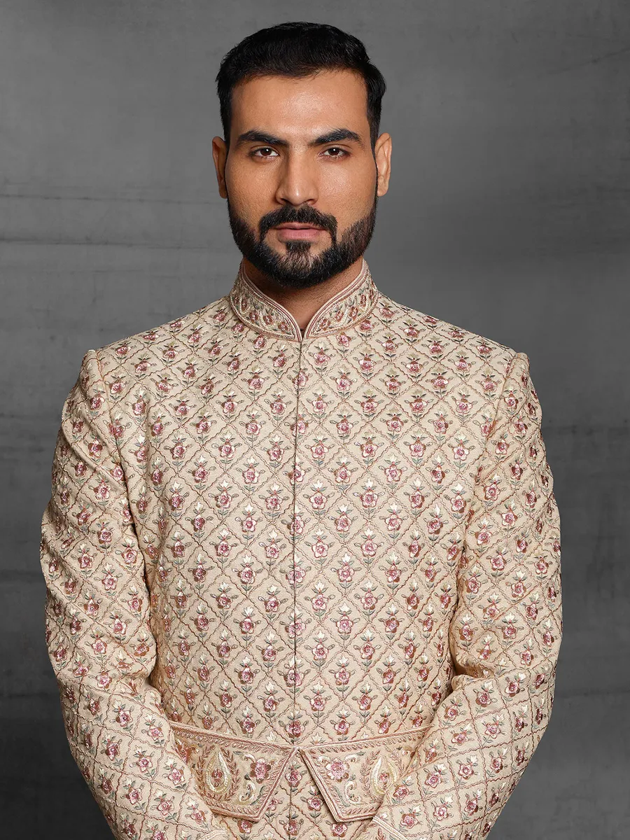 Beige color attractive silk sherwani for wedding event