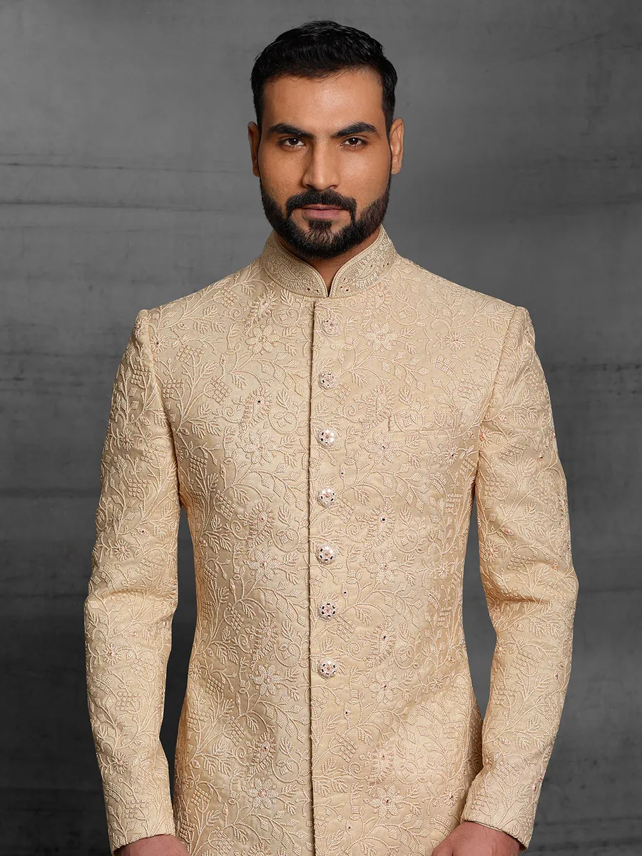 Beige color latest silk sherwani for wedding event