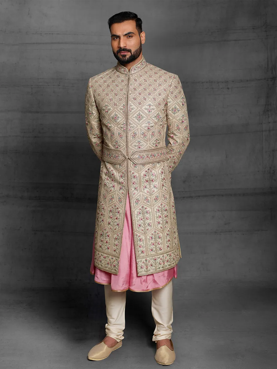 beige color wedding wear silk sherwani for mens