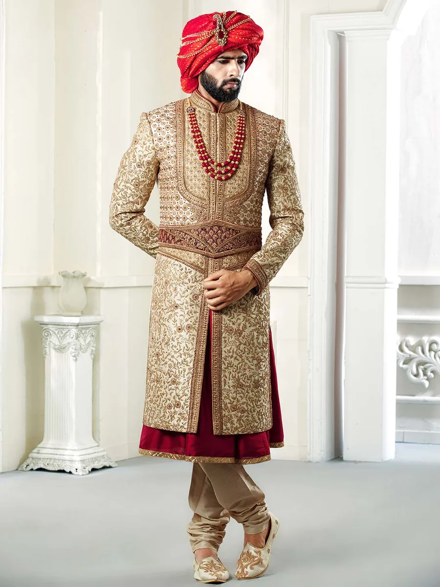 Beige colored designer mens sherwani