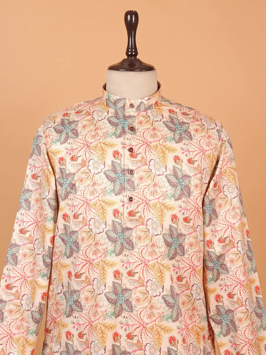 Beige cotton kurta suit with alluring print