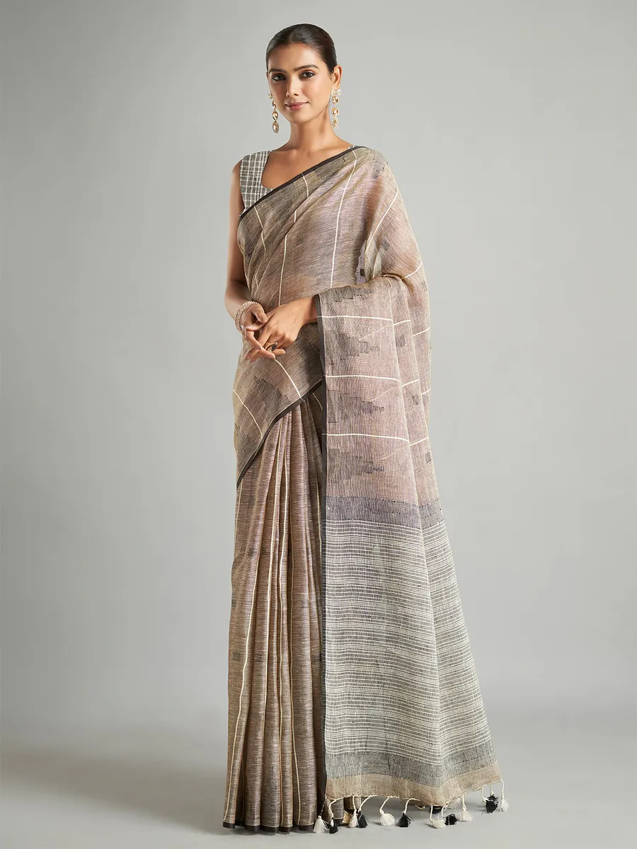 Beige cotton linen stripe saree