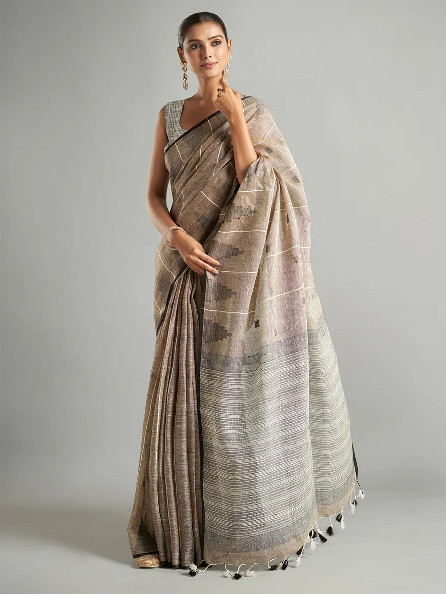 Beige cotton linen stripe saree