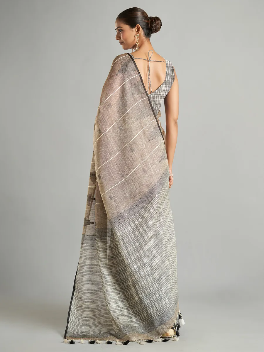 Beige cotton linen stripe saree