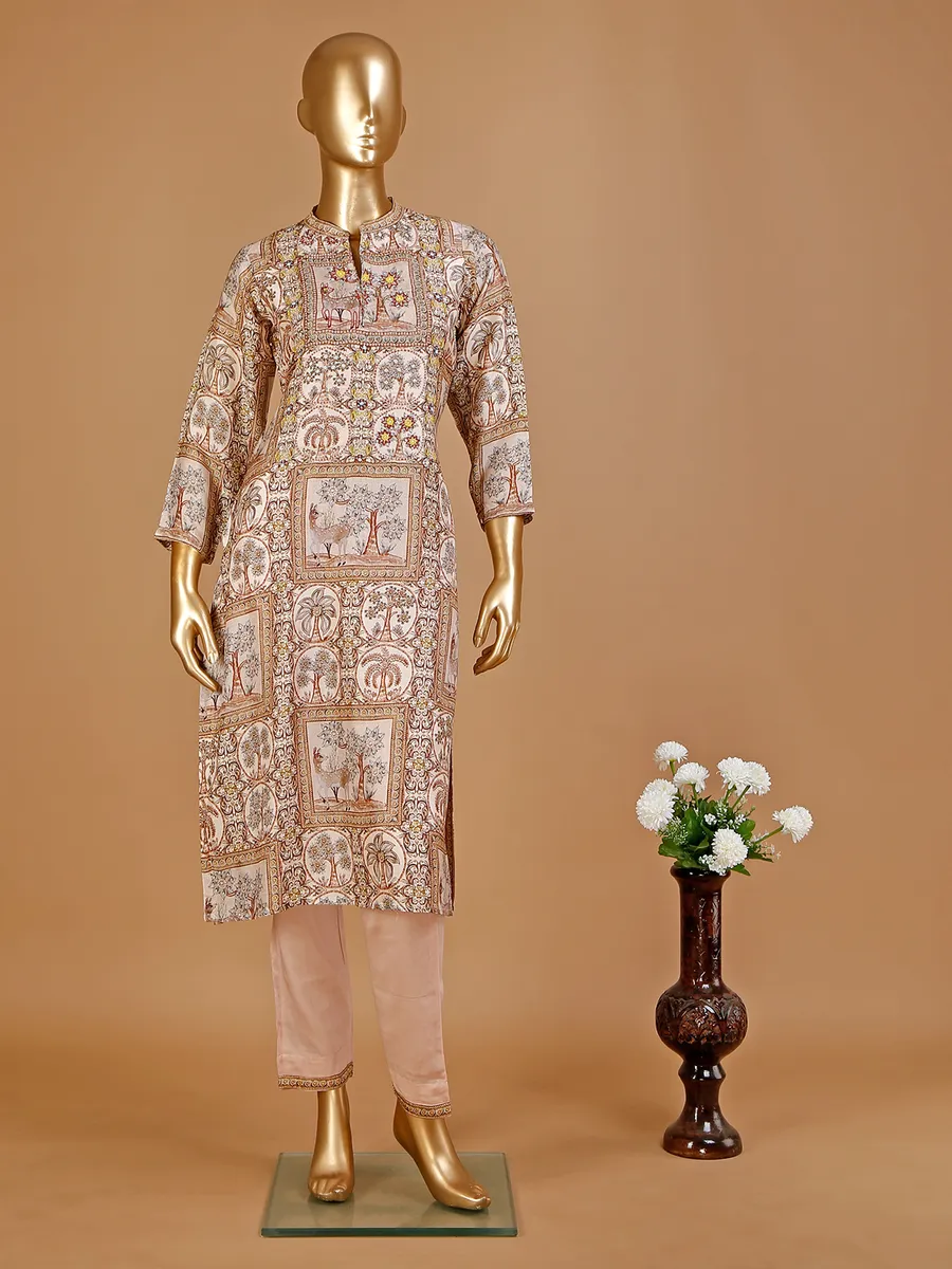 Beige cotton printed kurti with pant