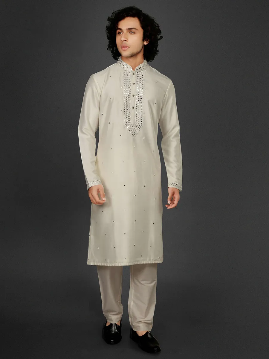 Beige cotton silk  Men Kurta pajama for festivals