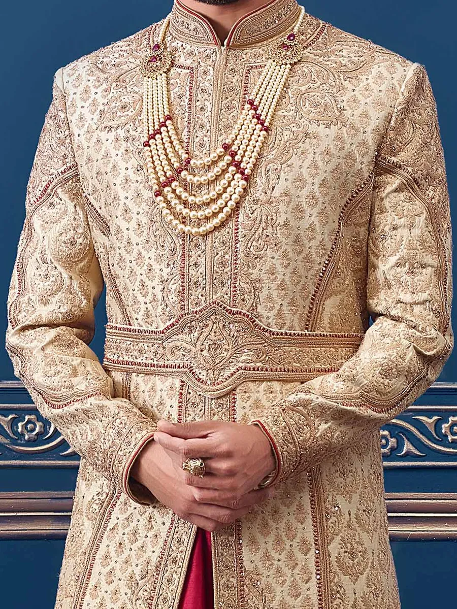 Beige designer raw silk sherwani suit for groom