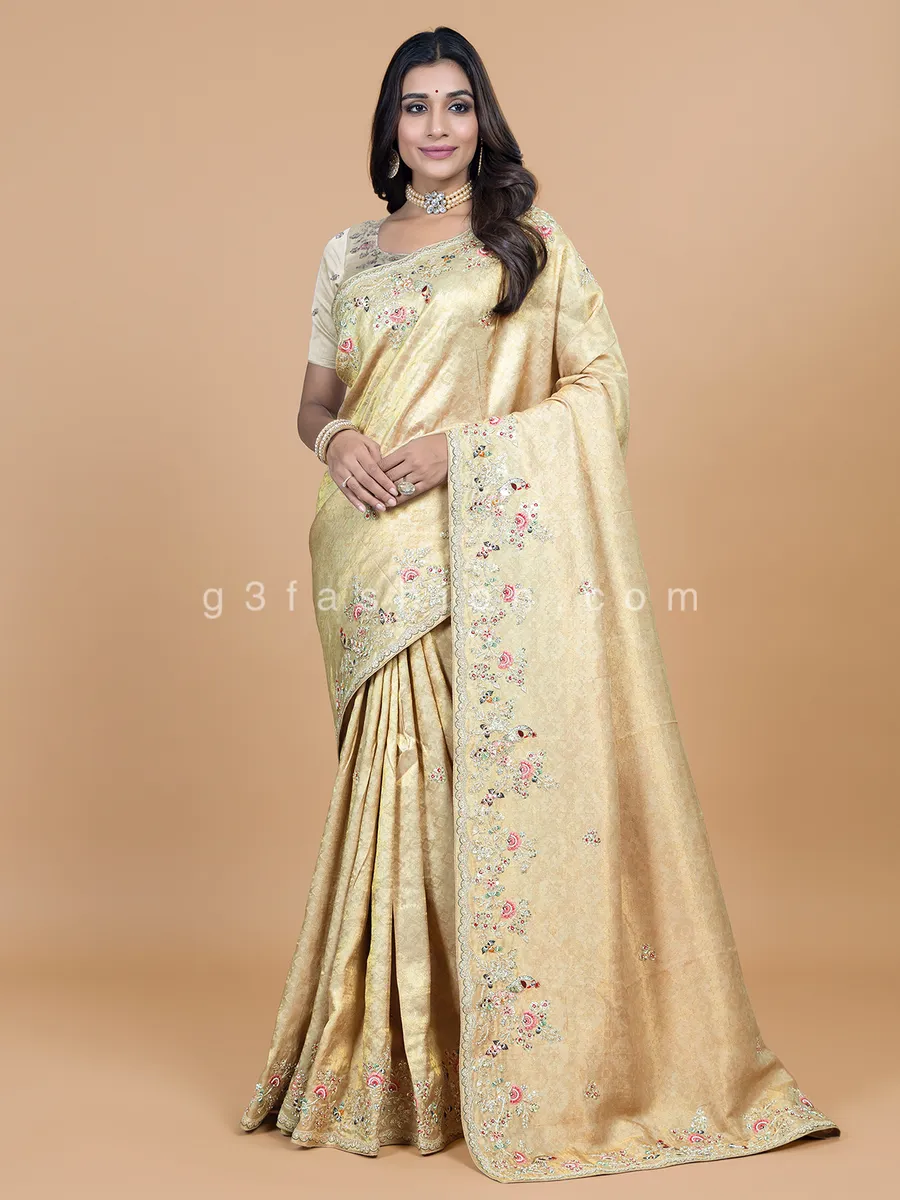 Beige extraordinary wedding sari in jacquard