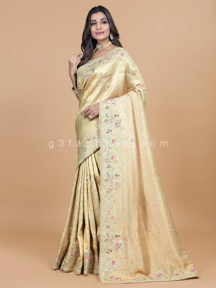 Beige extraordinary wedding sari in jacquard