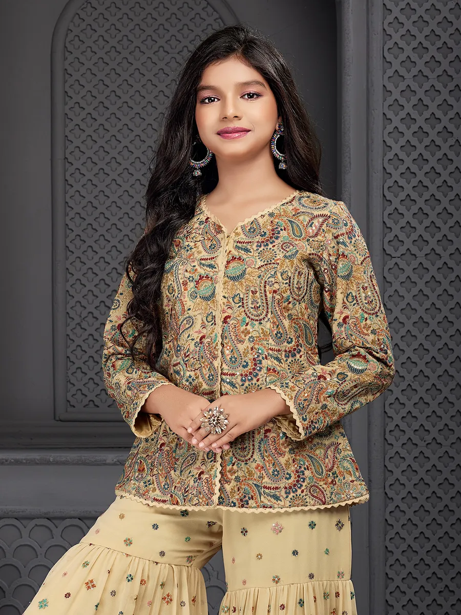 Beige georgette embroidery sharara suit