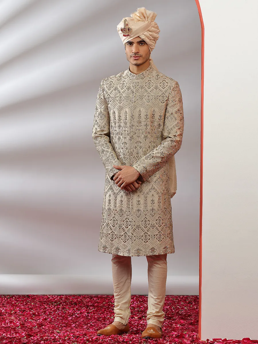 Beige lavish groom wear raw silk sherwani