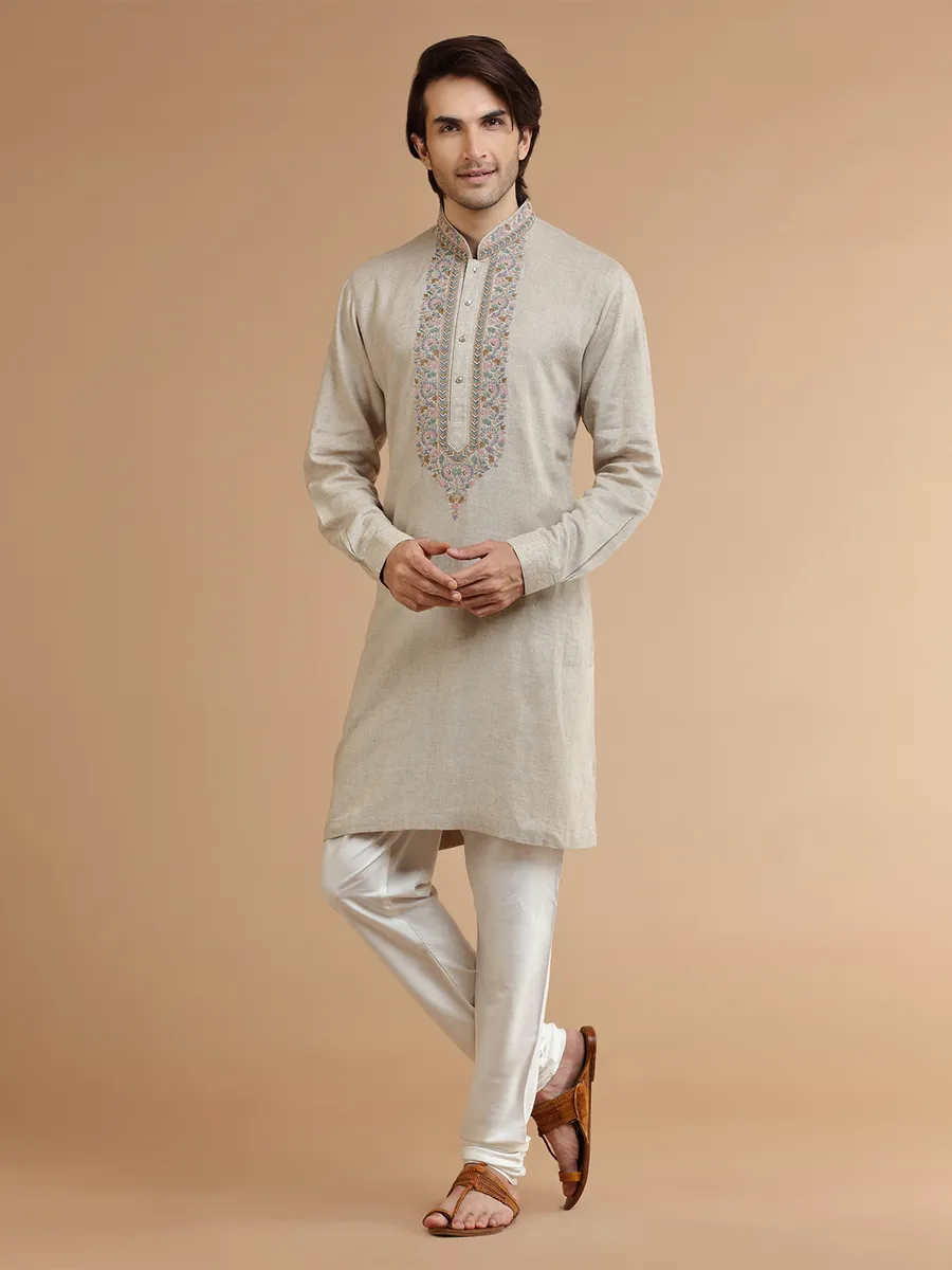 Beige linen Kurta Set for Men