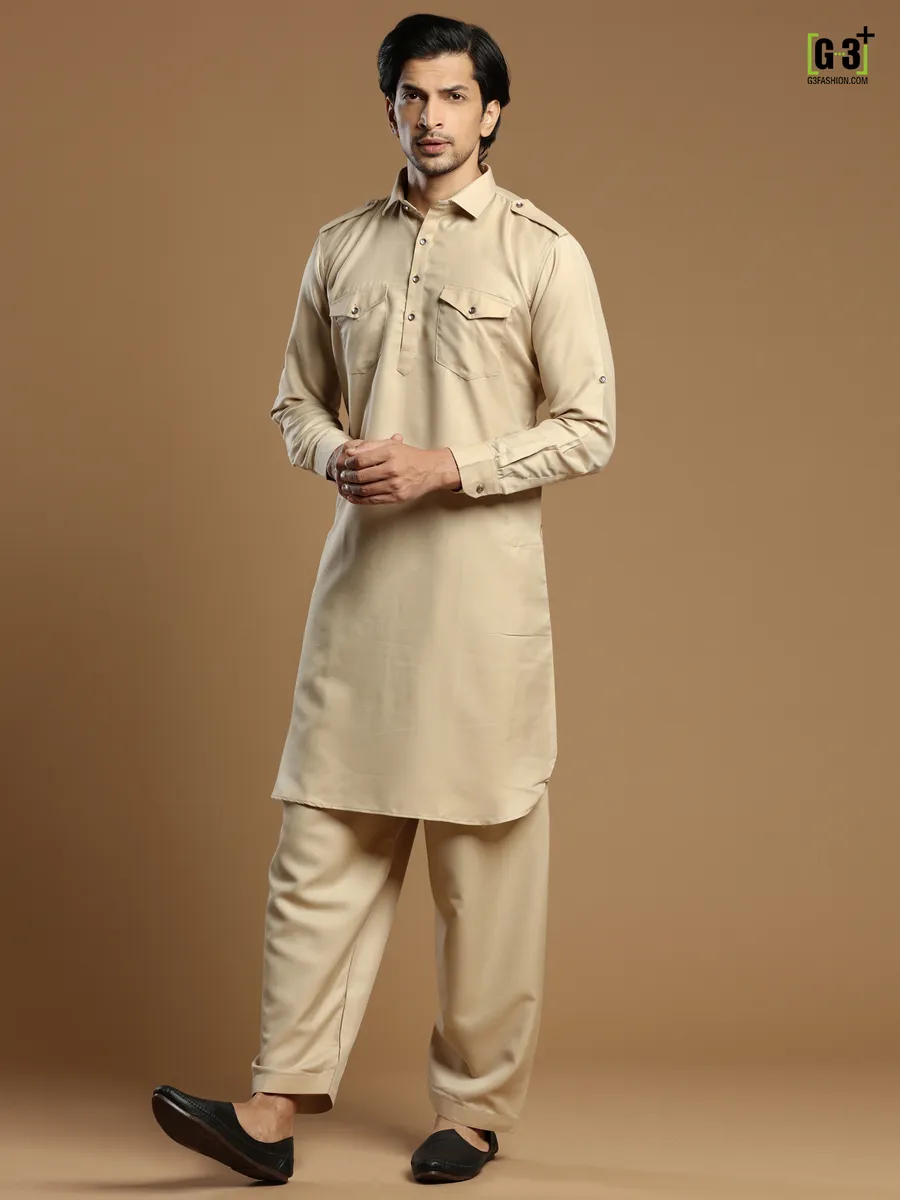 Beige men festive events cotton silk plain pathani suit