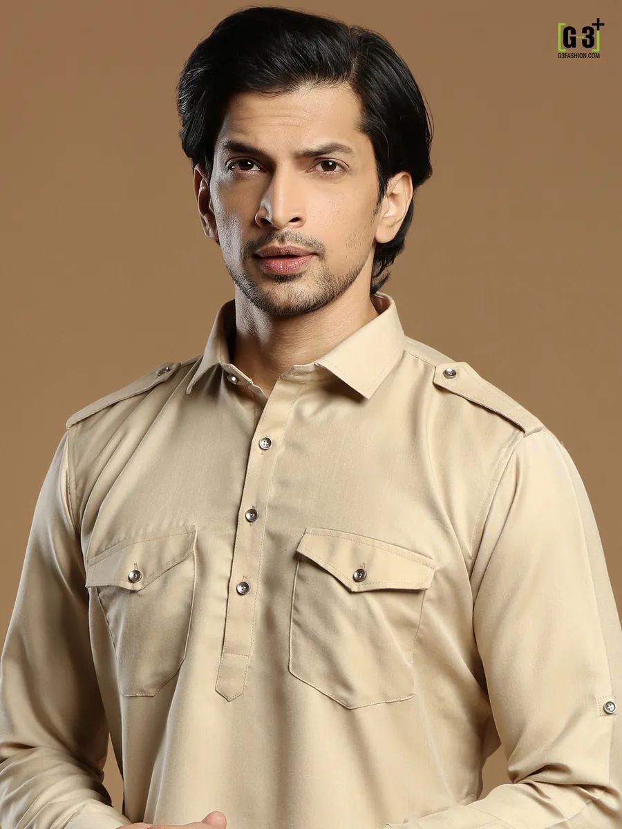 Beige men festive events cotton silk plain pathani suit