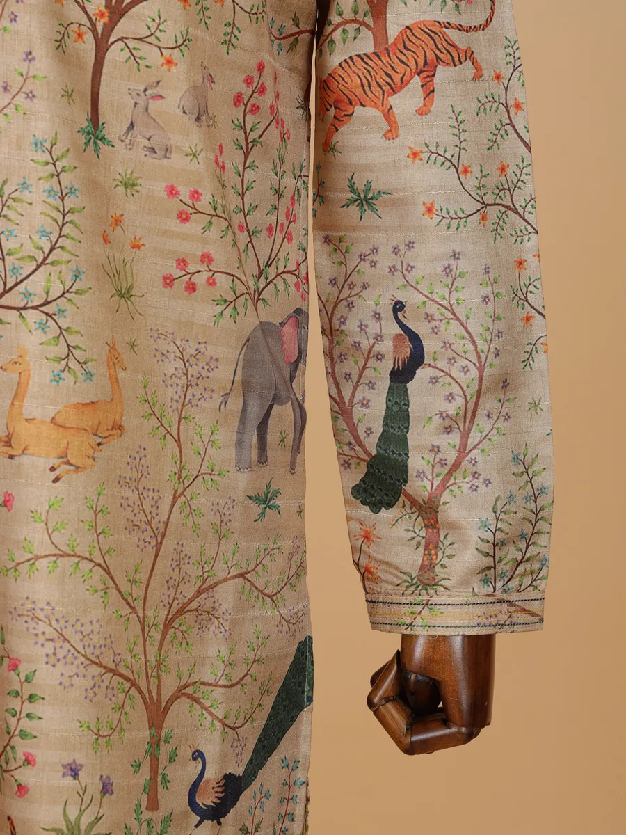 Beige printed cotton silk kurta suit for festival