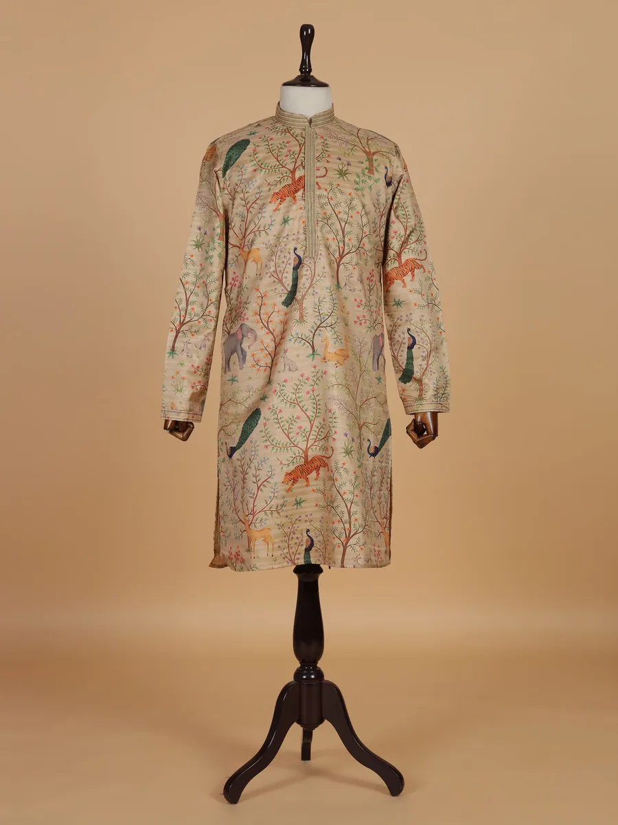 Beige printed cotton silk kurta suit for festival