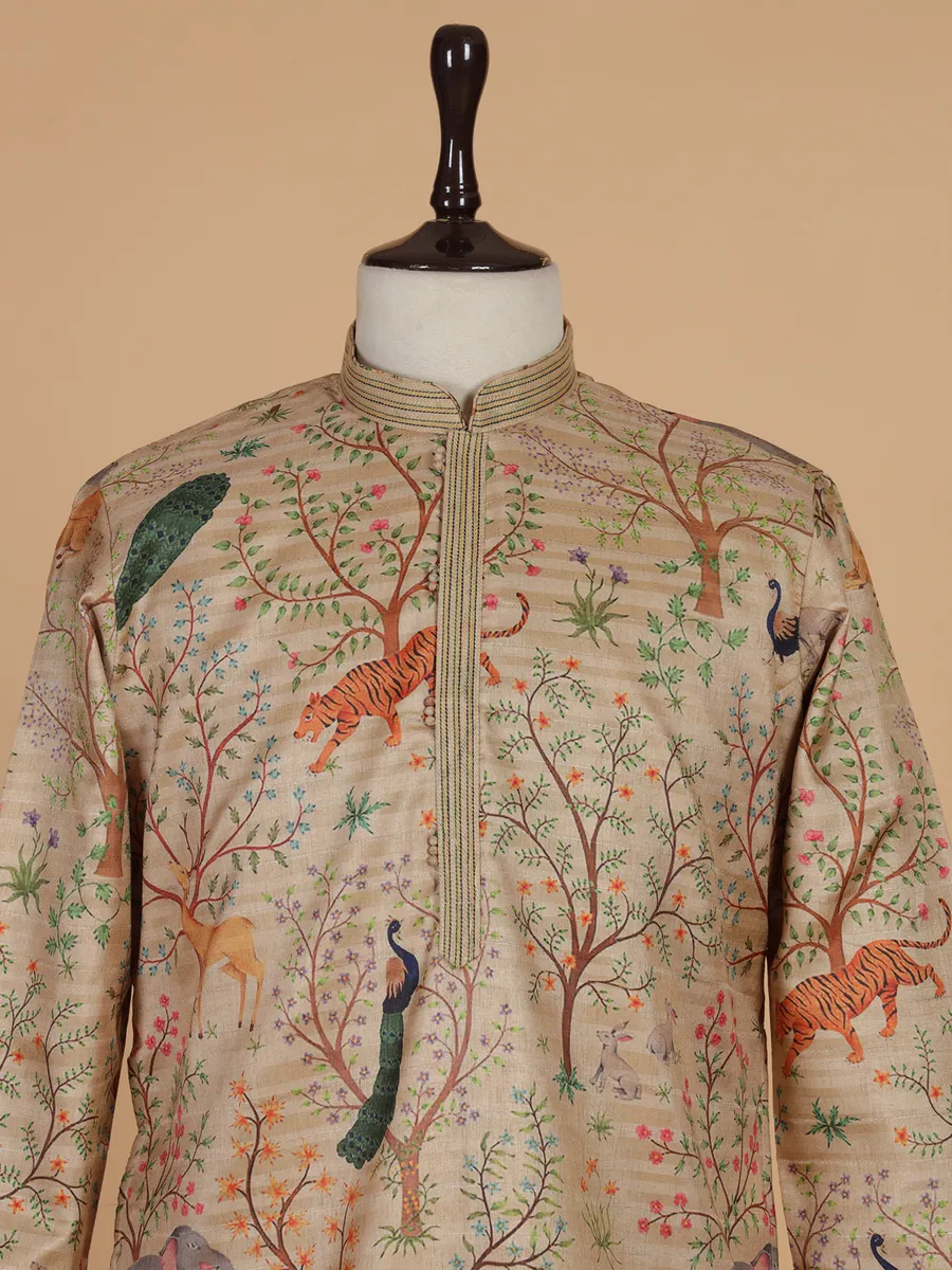 Beige printed cotton silk kurta suit for festival