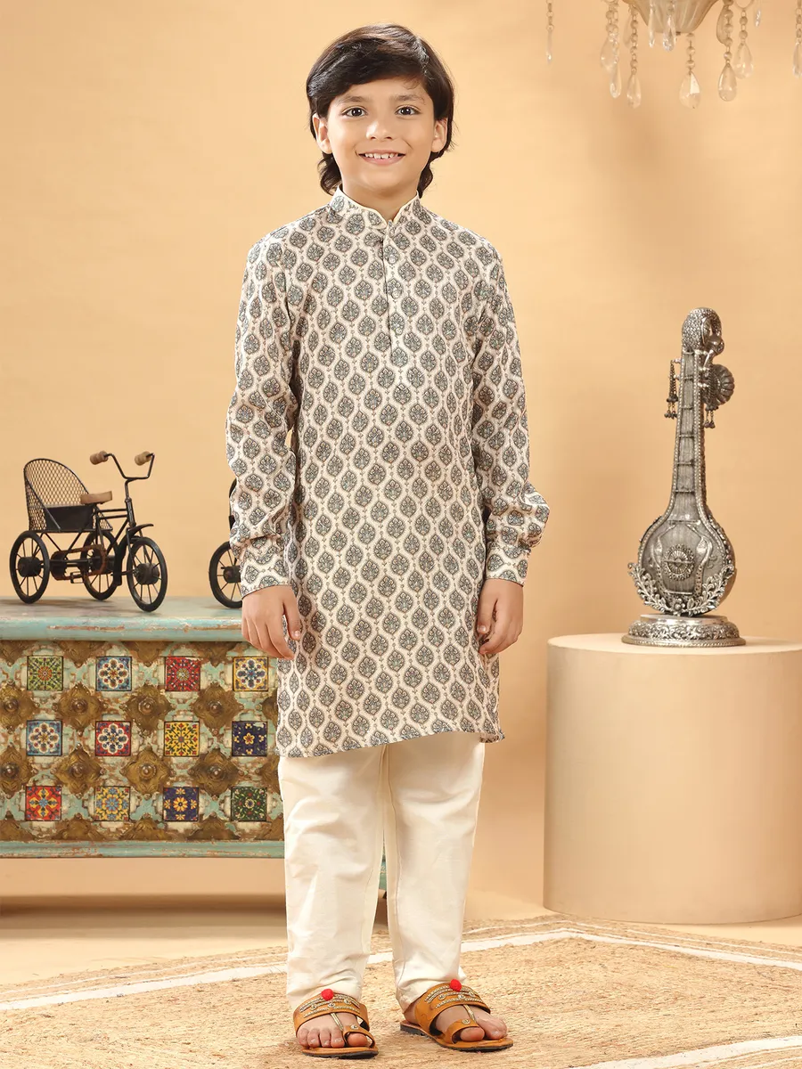 Beige printed kurta suit in silk