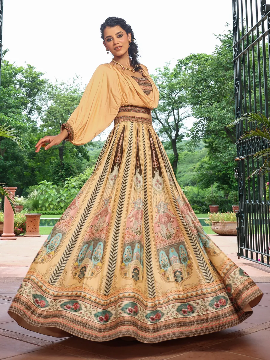 Beige raw silk crop top with lehenga