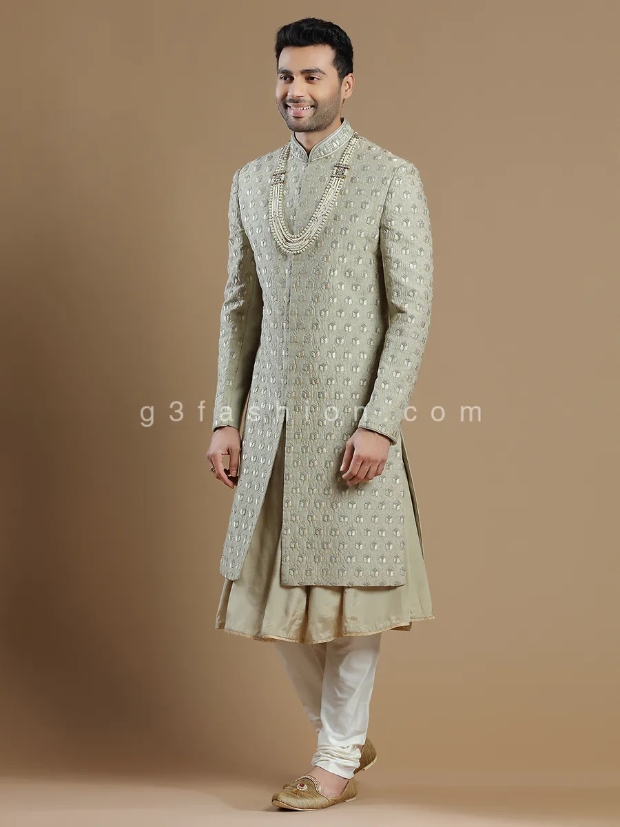 Beige raw silk groom wear men sherwani