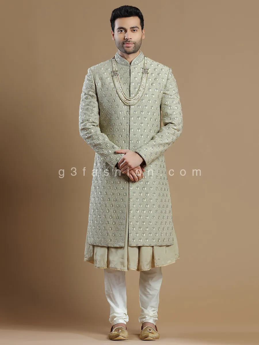 Beige raw silk groom wear men sherwani
