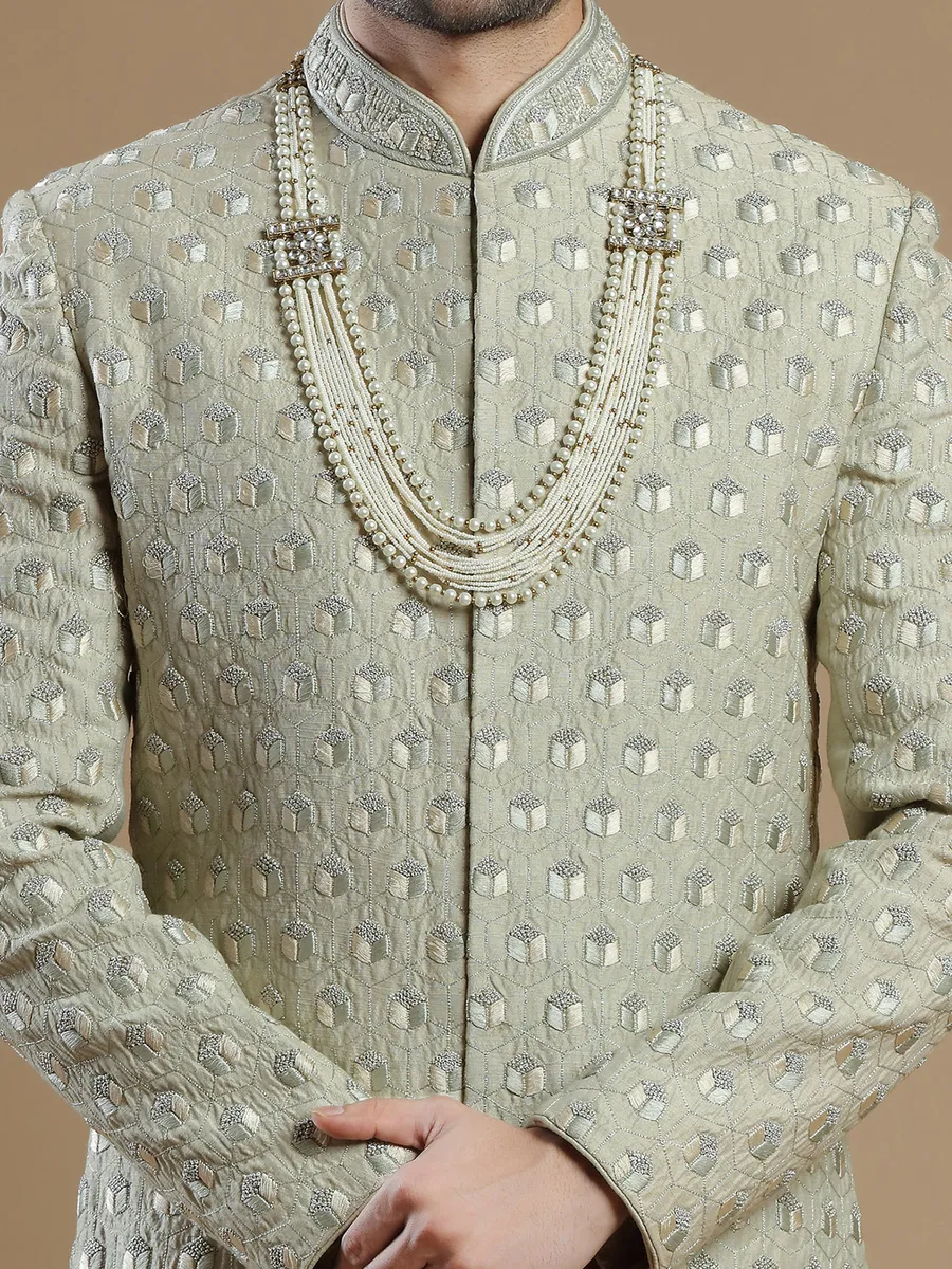 Beige raw silk groom wear men sherwani