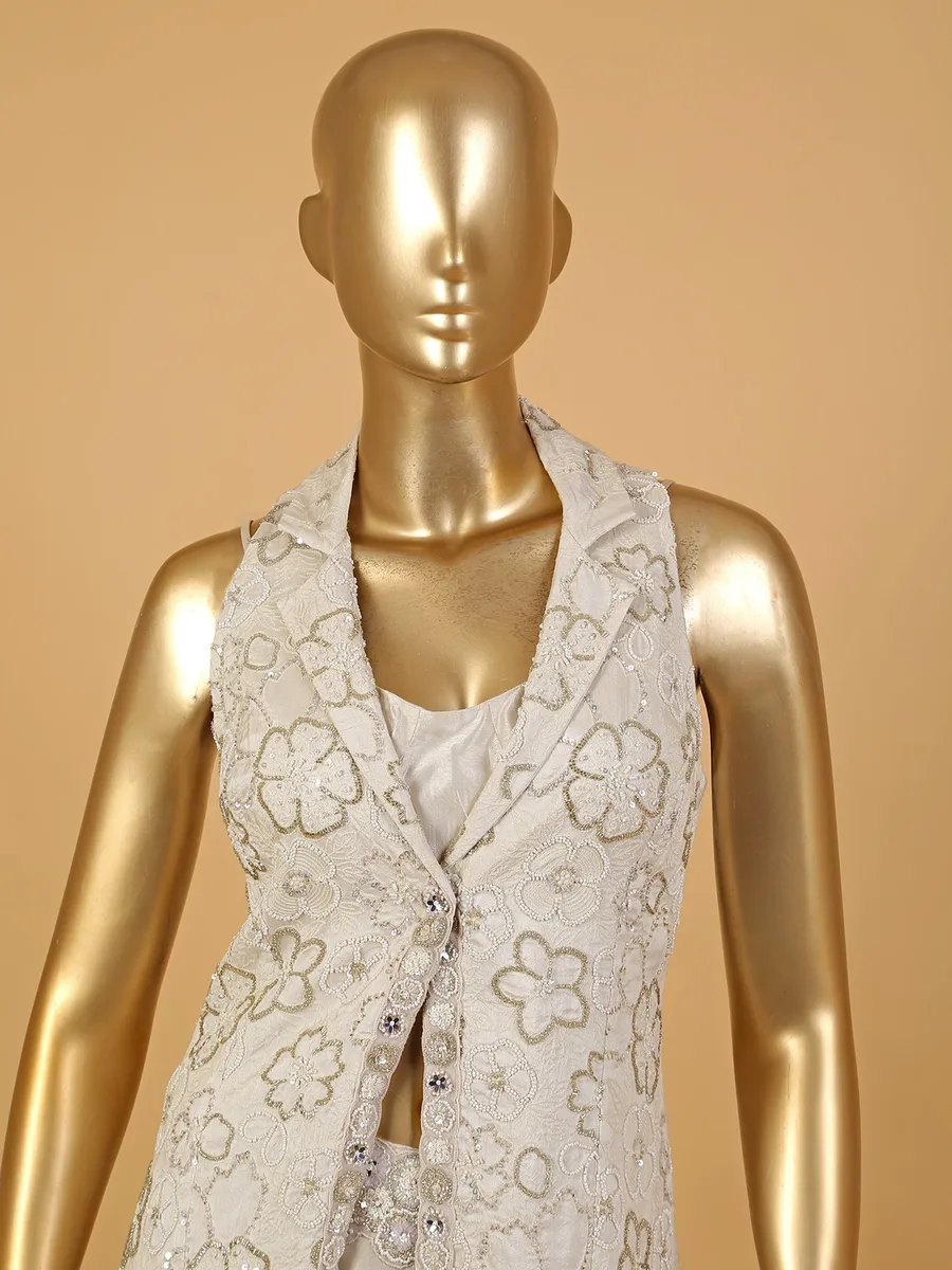 Beige raw silk jacket style palazzo suit