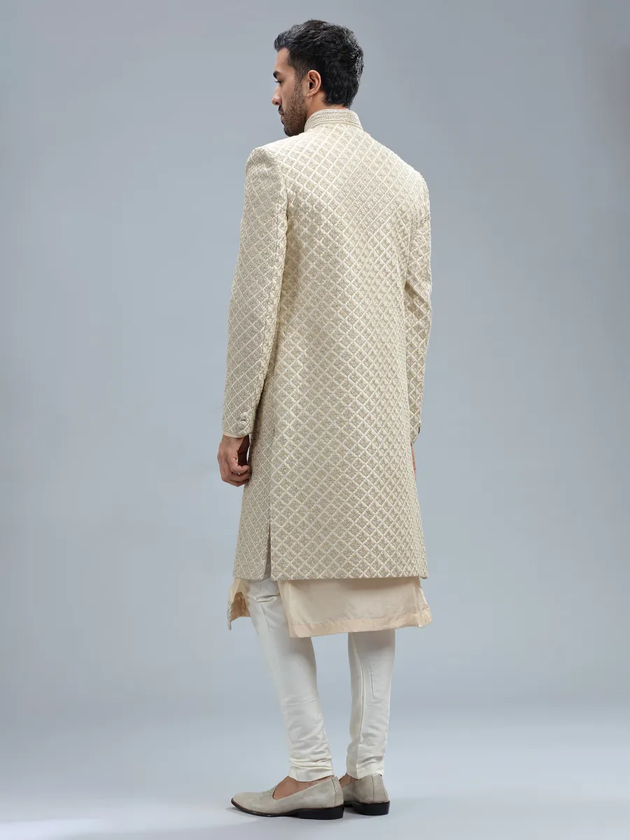 Beige raw silk sherwani with dupatta