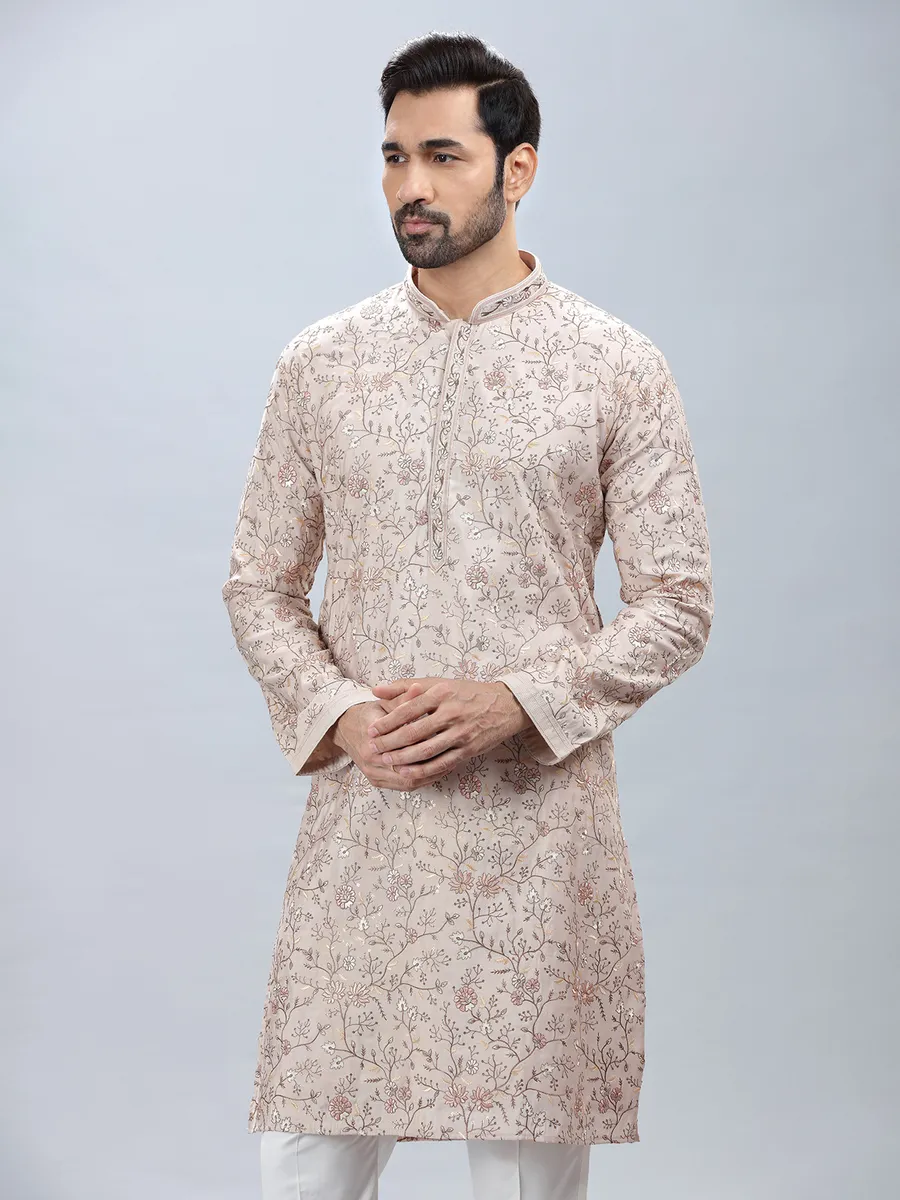 Beige shade cotton silk kurta set for men