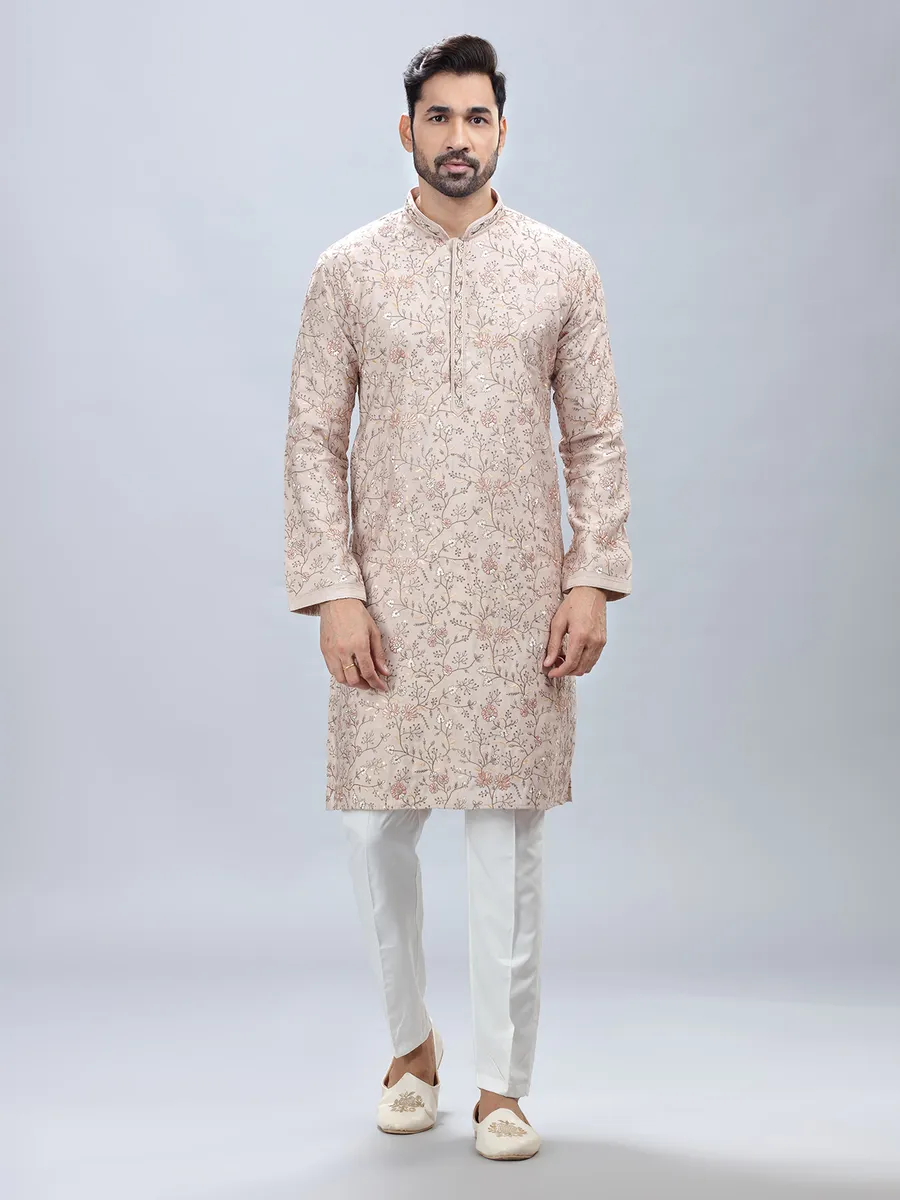 Beige shade cotton silk kurta set for men