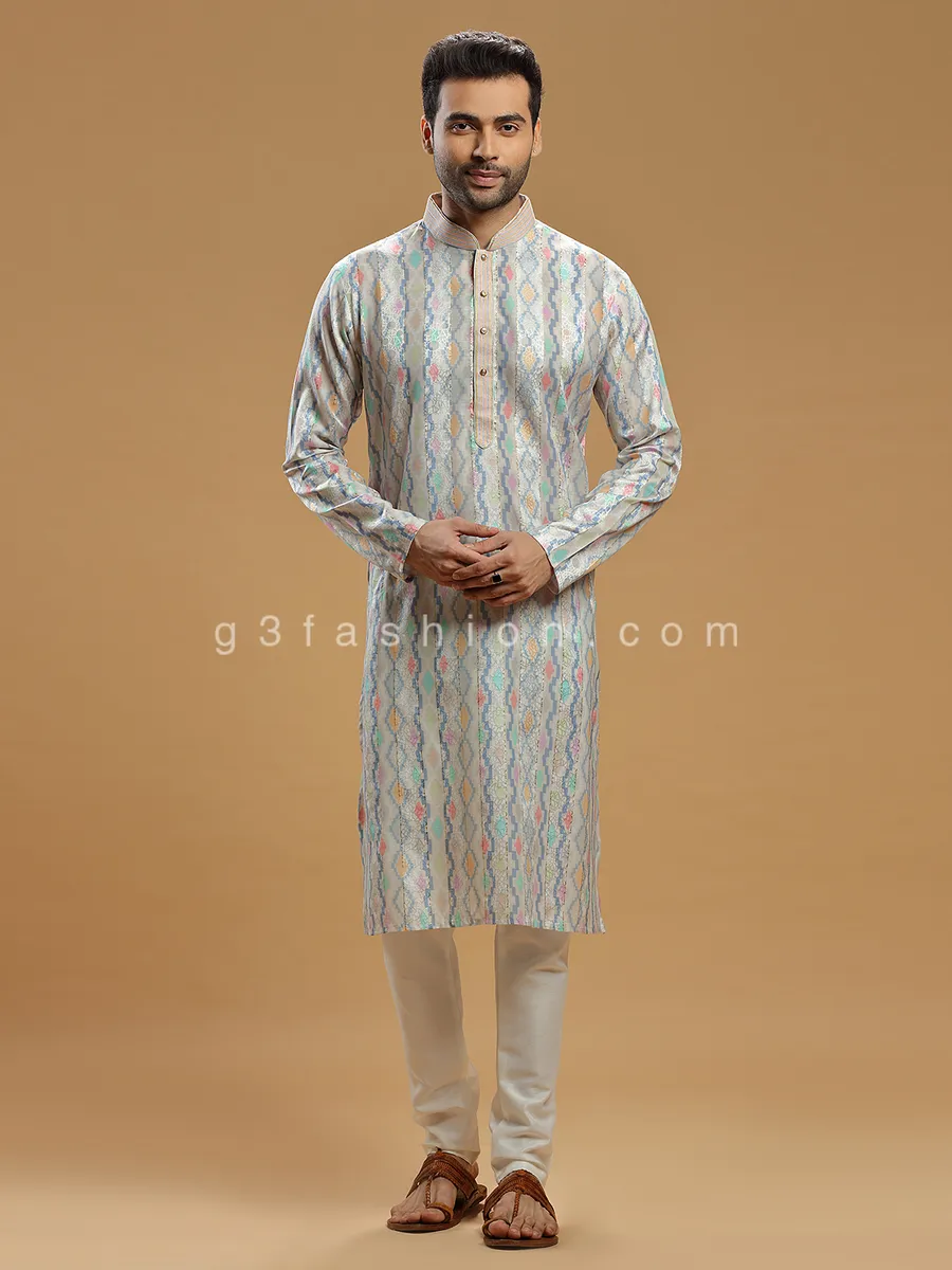 Beige silk festive wear printed kurta suit for men