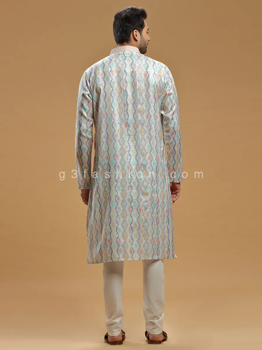 Beige silk festive wear printed kurta suit for men