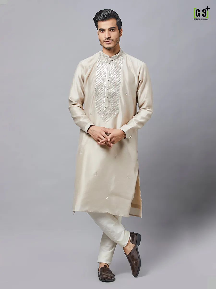 Beige silk kurta set for festive events