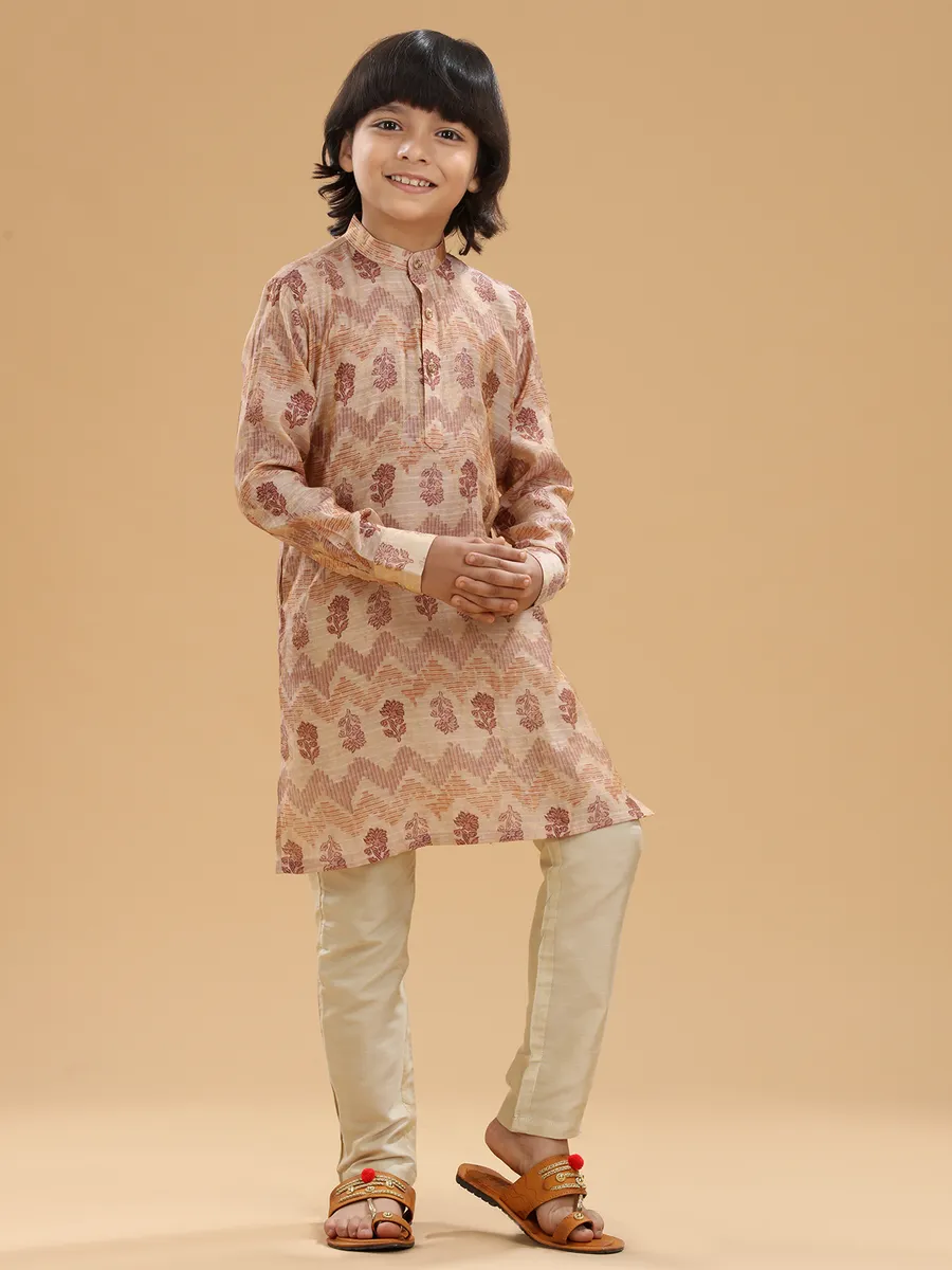 Peach boys silk kurta suit in printed