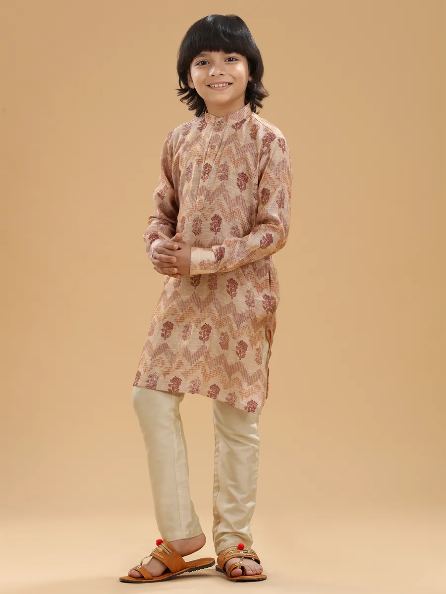 Peach boys silk kurta suit in printed