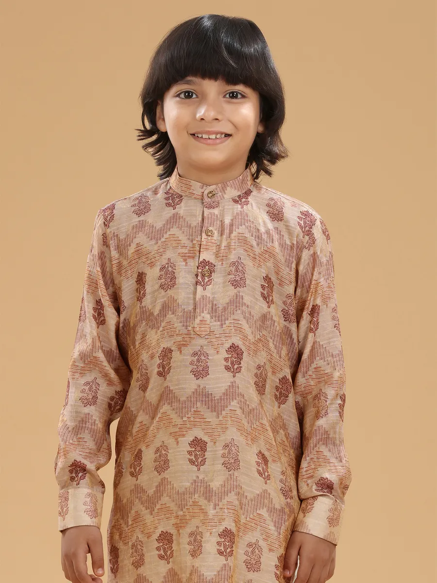 Peach boys silk kurta suit in printed