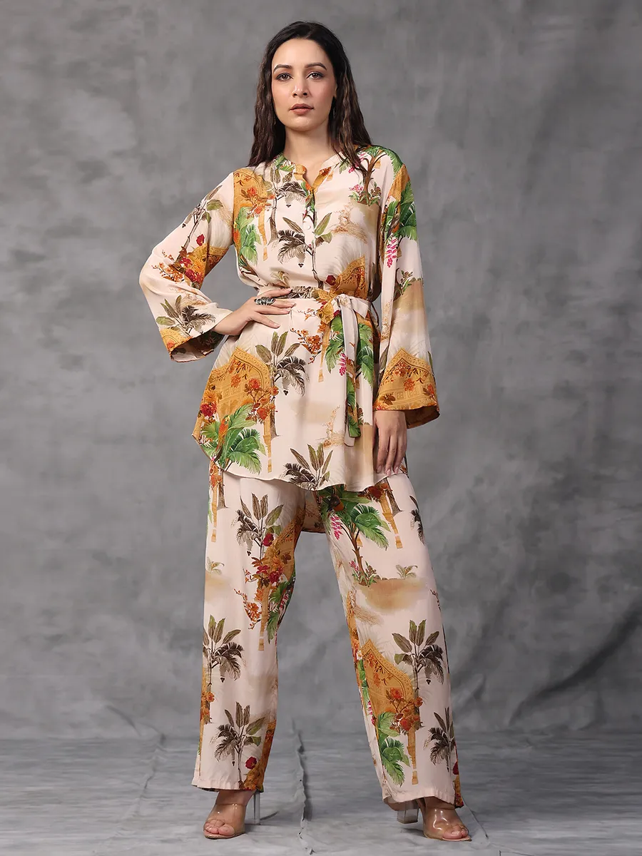 Beige viscose crepe printed co ord set