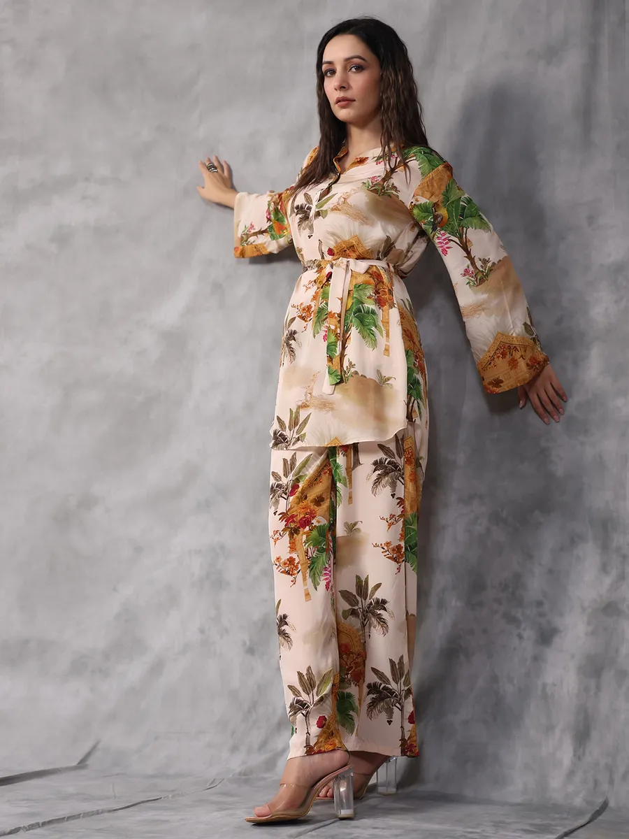 Beige viscose crepe printed co ord set