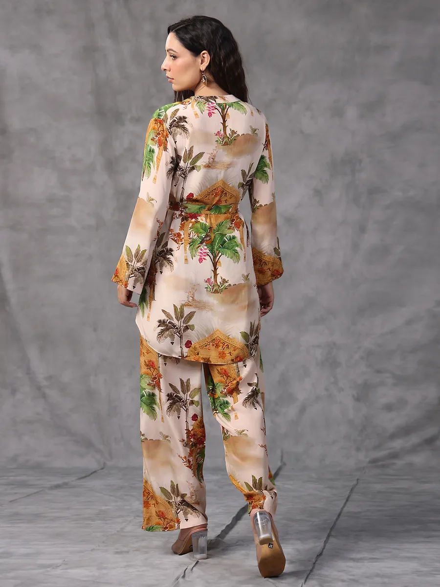 Beige viscose crepe printed co ord set