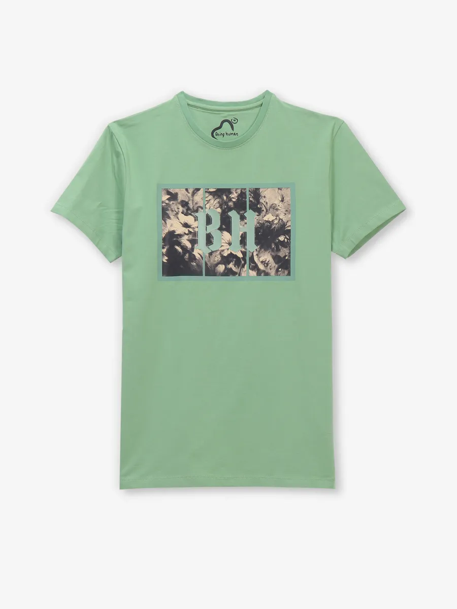 BEING HUMAN cotton light green printed t-shirt