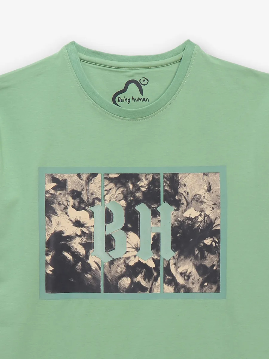 BEING HUMAN cotton light green printed t-shirt