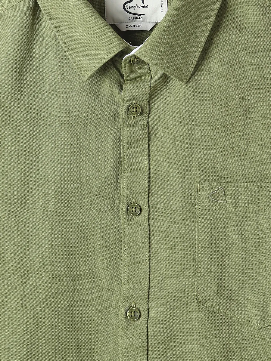 BEING HUMAN cotton olive plain shirt