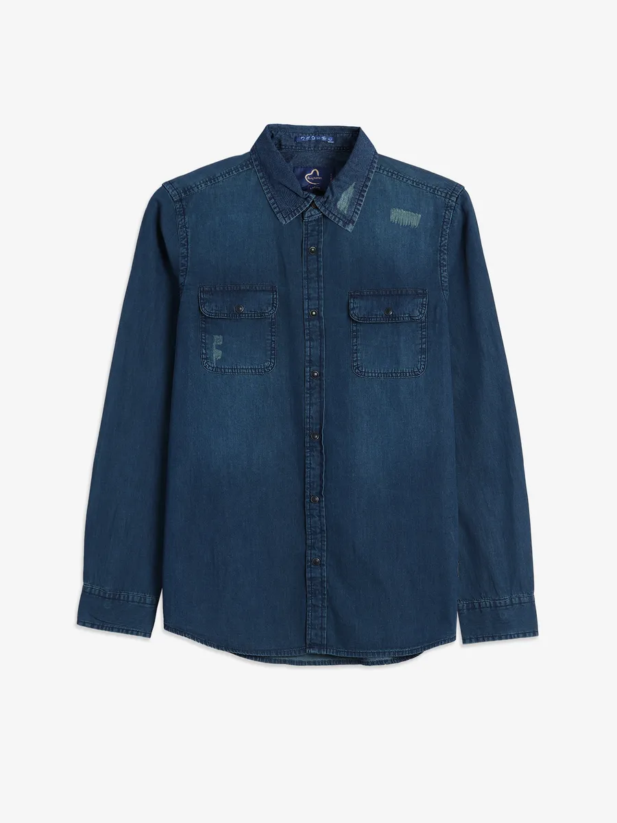 BEING HUMAN navy washed denim shirt