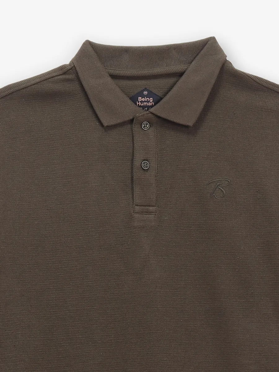 BEING HUMAN olive plain cotton t-shirt