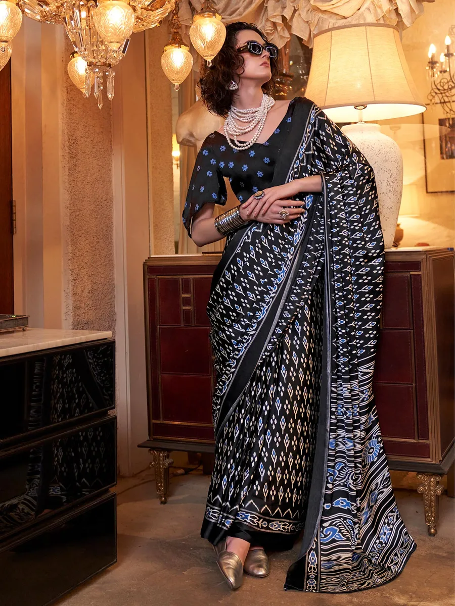 Black and blue crepe saree in patola print