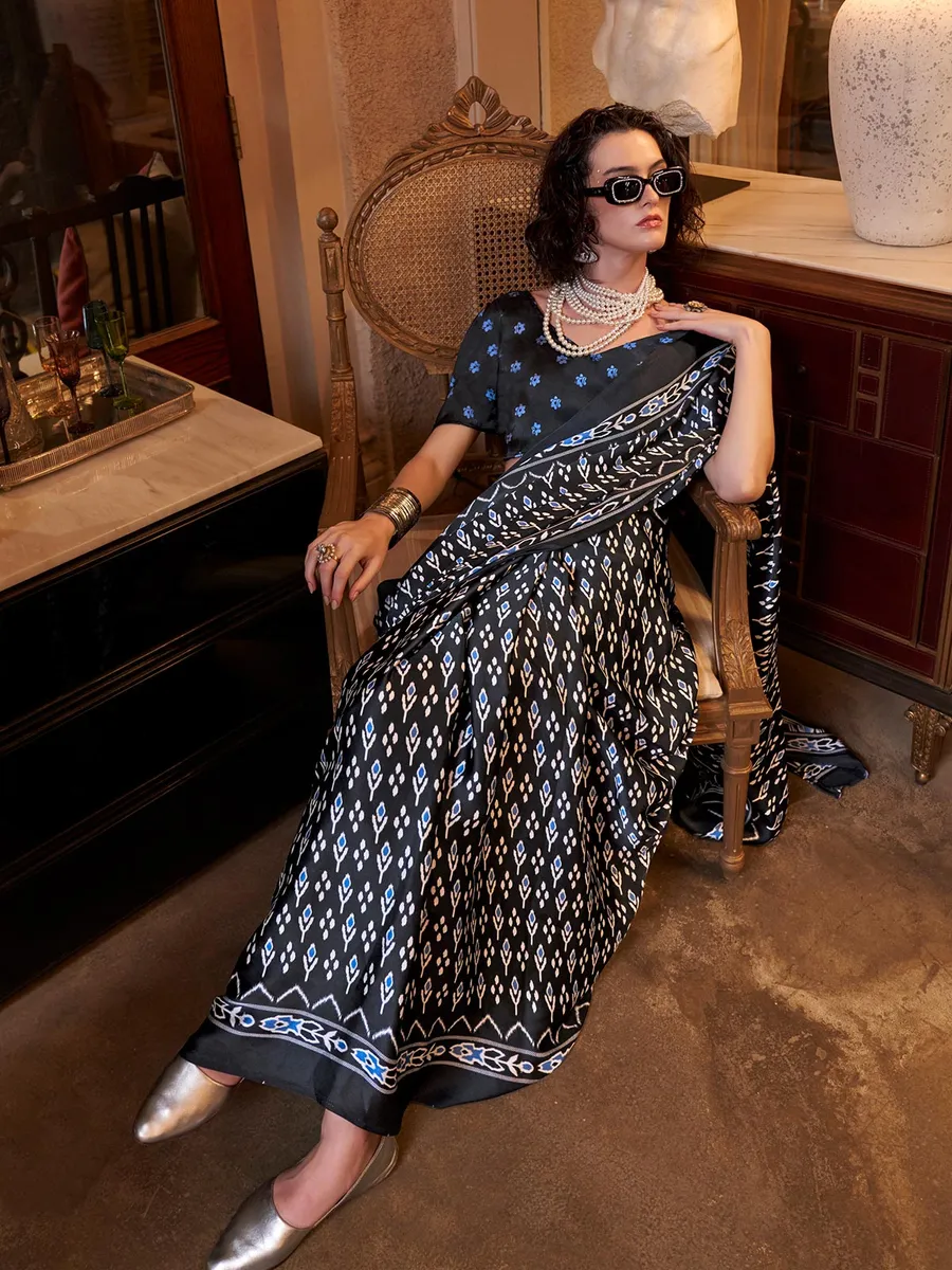 Black and blue crepe saree in patola print